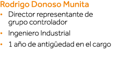 Rodrigo Donoso Munita   Director representante de grupo controlador   Ingeniero Industrial   1 año de antigüedad en e   