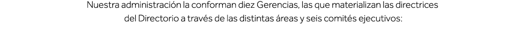 Nuestra administración la conforman diez Gerencias, las que materializan las directrices del Directorio a través de l   