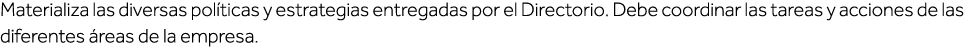Materializa las diversas políticas y estrategias entregadas por el Directorio  Debe coordinar las tareas y acciones d   