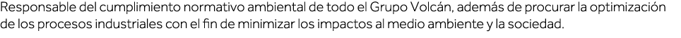 Responsable del cumplimiento normativo ambiental de todo el Grupo Volcán, además de procurar la optimización de los p   