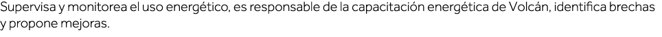 Supervisa y monitorea el uso energético, es responsable de la capacitación energética de Volcán, identifica brechas y   