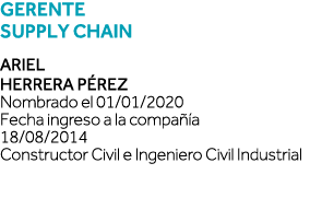 Gerente Supply Chain Ariel Herrera Pérez Nombrado el 01 01 2020 Fecha ingreso a la compañía 18 08 2014 Constructor Ci   
