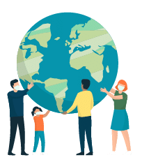 Multiethnic group of people cooperating for environmental protection and sustainability in a park: they are supporting earth together, recycling waste, growing plants and choosing renewable energy resources