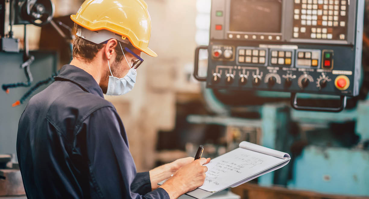 American Young Worker wear disposable face mask or HEPA face shield for protection from Corona Virus(Covid-19) spreading and smoke dust air pollution in factory for labor health care 