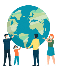 Multiethnic group of people cooperating for environmental protection and sustainability in a park: they are supporting earth together, recycling waste, growing plants and choosing renewable energy resources