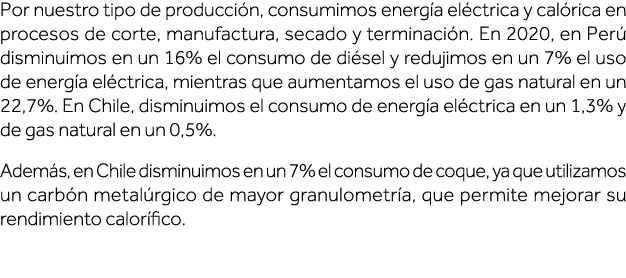 Por nuestro tipo de producción, consumimos energía eléctrica y calórica en procesos de corte, manufactura, secado y t   