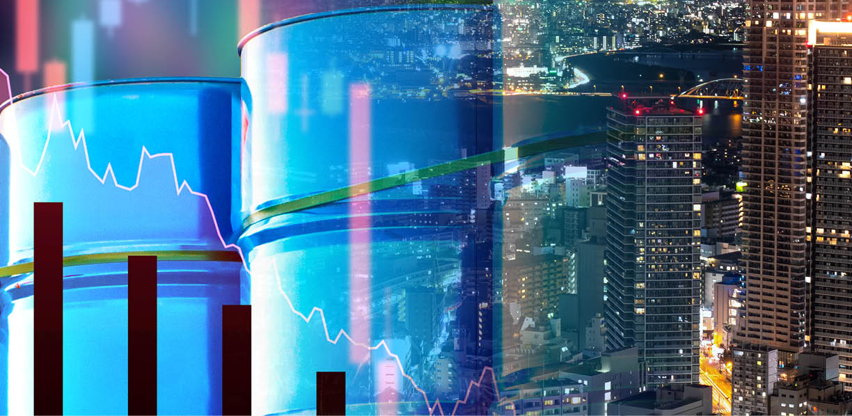 Oil barrels against the backdrop of the city  Concept - falling oil consumption in Asia  Decrease in consumption of oil products  Asian travelers  Concept - falling consumption led to lower prices