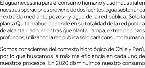 El agua necesaria para el consumo humano y uso industrial en nuestras operaciones proviene de dos fuentes: agua subte   