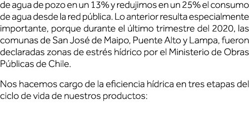 de agua de pozo en un 13% y redujimos en un 25% el consumo de agua desde la red pública  Lo anterior resulta especial   