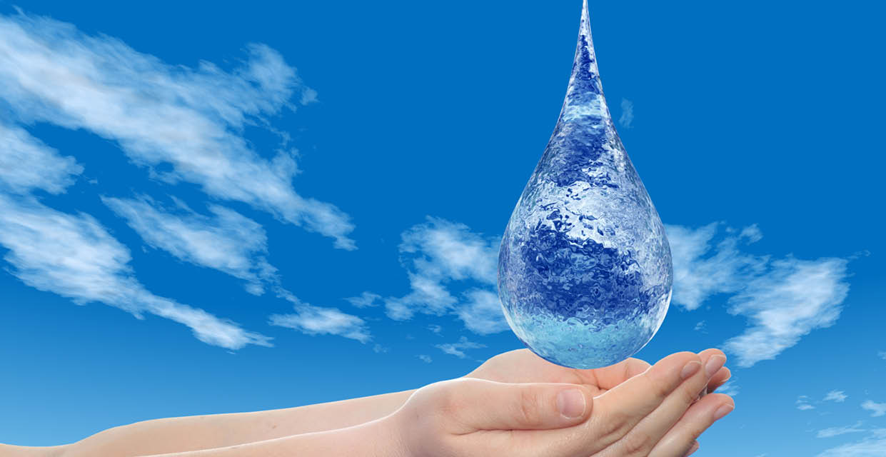 Concept or conceptual blue water or liquid drop falling in two woman hands on blue sky background for splashing, palm, clear, purity, freshness, nature, clean, health, rain, environment, drinks