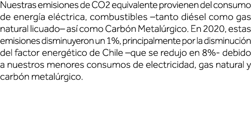 Nuestras emisiones de CO2 equivalente provienen del consumo de energía eléctrica, combustibles  tanto diésel como gas   