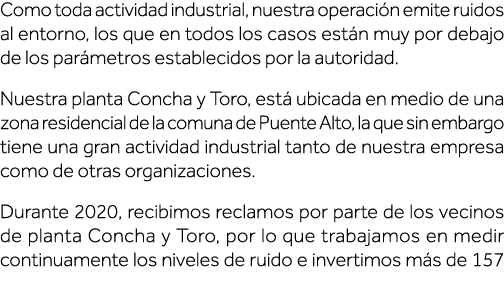 Como toda actividad industrial, nuestra operación emite ruidos al entorno, los que en todos los casos están muy por d   
