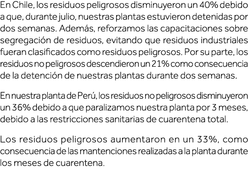 En Chile, los residuos peligrosos disminuyeron un 40% debido a que, durante julio, nuestras plantas estuvieron deteni   
