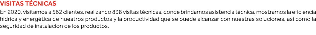 Visitas técnicas En 2020, visitamos a 562 clientes, realizando 838 visitas técnicas, donde brindamos asistencia técni   