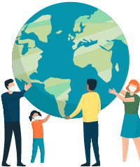 Multiethnic group of people cooperating for environmental protection and sustainability in a park: they are supporting earth together, recycling waste, growing plants and choosing renewable energy resources