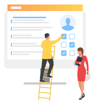 Man answering survey on computer monitor  Headhunting, feedback, customer research  Online survey concept  Vector illustration can be used for presentation slides, web pages, layouts