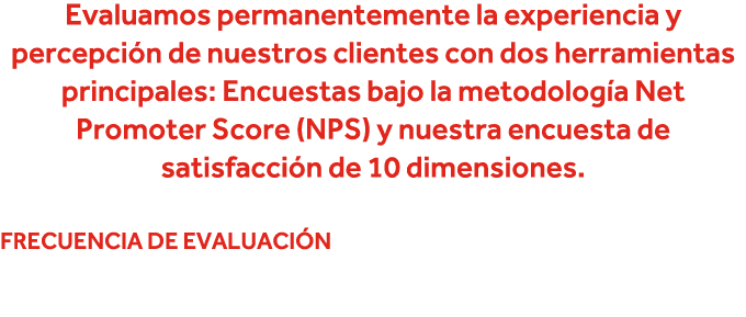 Evaluamos permanentemente la experiencia y percepción de nuestros clientes con dos herramientas principales: Encuesta   