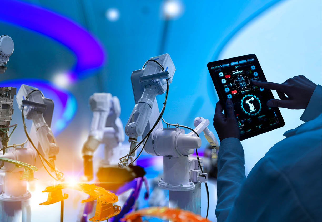 Factory Female Industrial Engineer working with automation robot arms machine in intelligent factory industrial on real time monitoring system software Digital future manufacture 