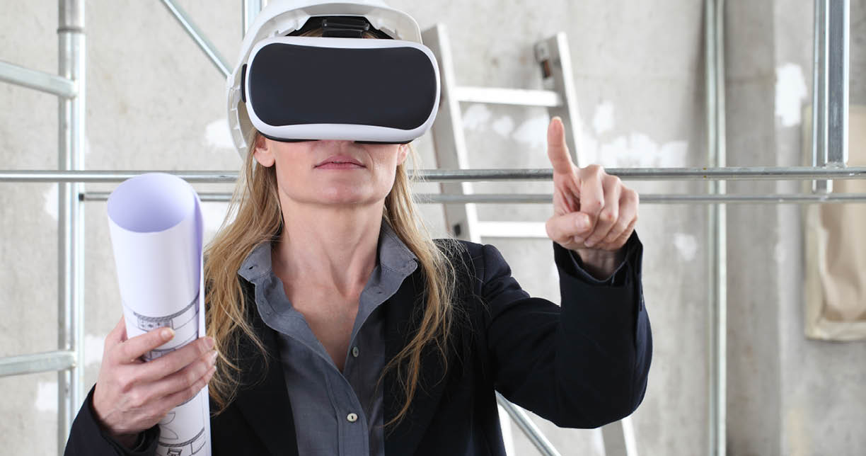 woman architect or construction engineer wear virtual reality glasses and helmet and touch screen inside a building site with ladder and scaffolding in the background