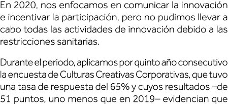 En 2020, nos enfocamos en comunicar la innovación e incentivar la participación, pero no pudimos llevar a cabo todas    