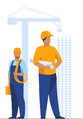 Construction team working on site  Builders, engineers, architects in helmets and overalls holding blueprints, toolkits, measuring tools  Vector illustration for building, engineering, labor