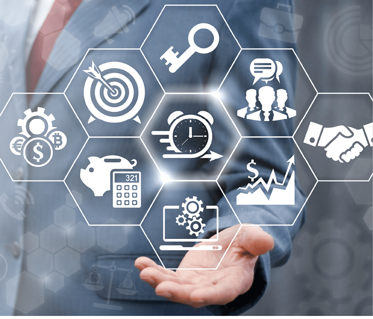 Agile Development (Agility Developing), Time Management, Work Planning Business concept  Businessman offers alarm clock arrow icon on a virtual screen 