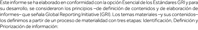 Este informe se ha elaborado en conformidad con la opción Esencial de los Estándares GRI y para su desarrollo, se con   