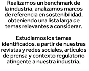 Realizamos un benchmark de la industria, analizamos marcos de referencia en sostenibilidad, obteniendo una lista larg   