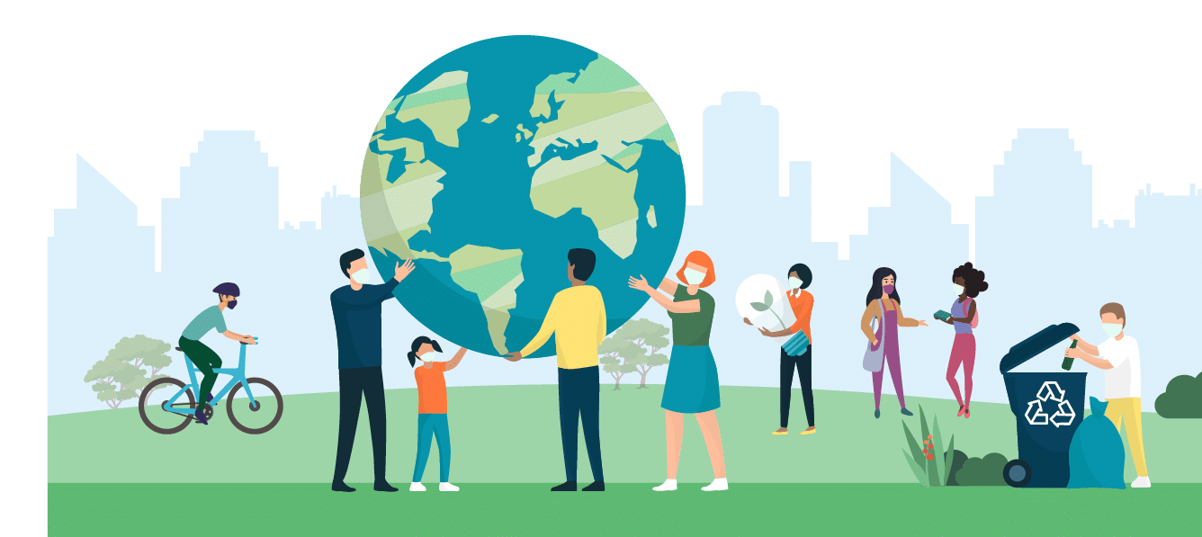 Multiethnic group of people cooperating for environmental protection and sustainability in a park: they are supporting earth together, recycling waste, growing plants and choosing renewable energy resources