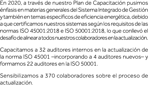 En 2020, a través de nuestro Plan de Capacitación pusimos énfasis en materias generales del Sistema Integrado de Gest   