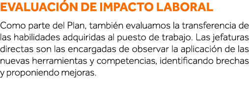 Evaluación de impacto laboral Como parte del Plan, también evaluamos la transferencia de las habilidades adquiridas a   