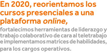 En 2020, reorientamos los cursos presenciales a una plataforma online, fortalecimos herramientas de liderazgo y traba   