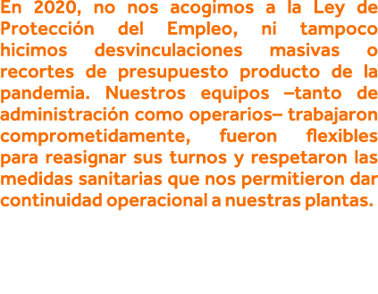 En 2020, no nos acogimos a la Ley de Protección del Empleo, ni tampoco hicimos desvinculaciones masivas o recortes de   