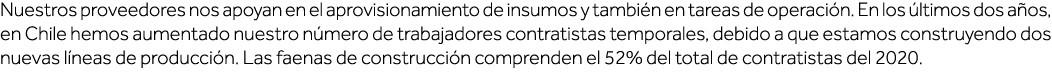 Nuestros proveedores nos apoyan en el aprovisionamiento de insumos y también en tareas de operación  En los últimos d   