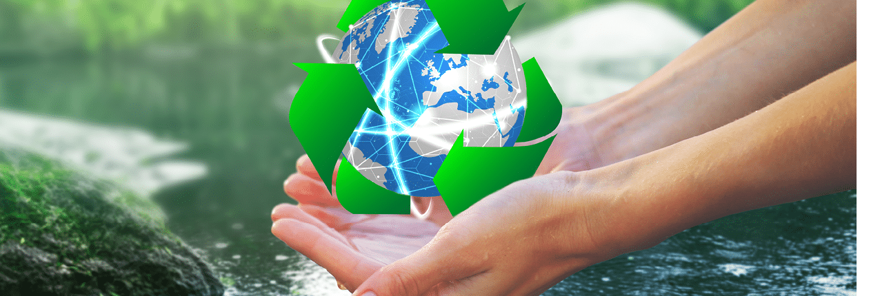 Woman holding globe and sign of recycling over water, closeup  Ecology and environment conservation